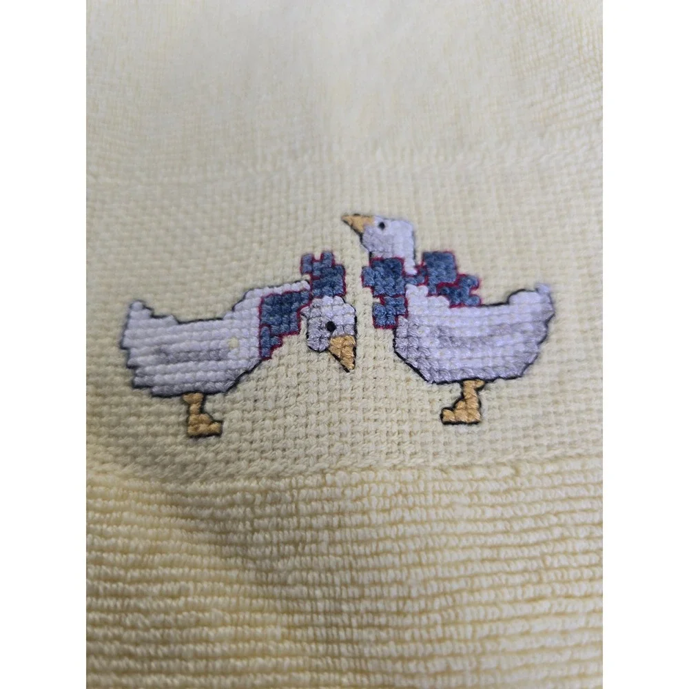 Vintage Yellow Hand Towels Set of 2 Cross Stitch Geese Blue Bows Fringed Edge